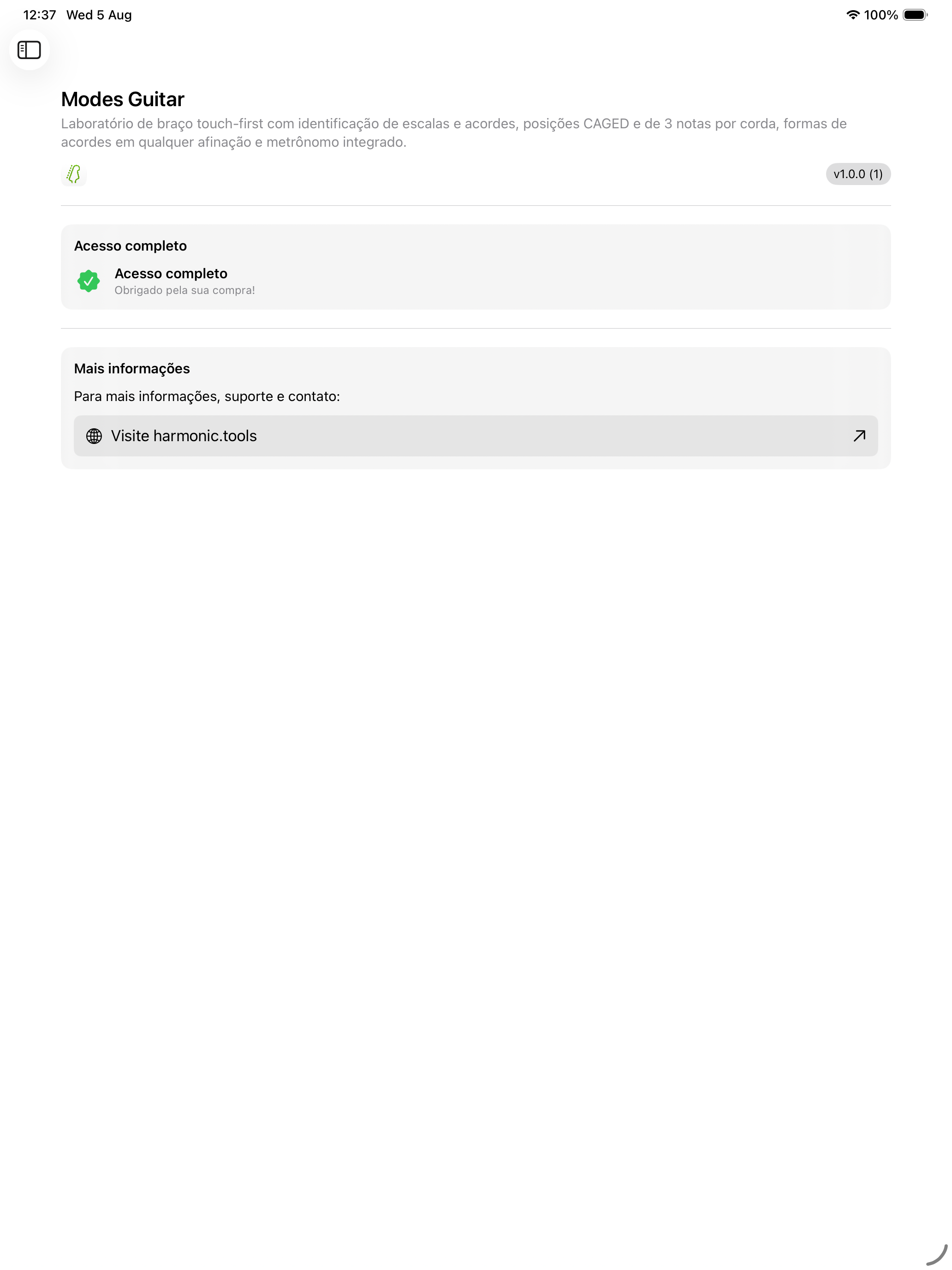 Tela Sobre no iPad